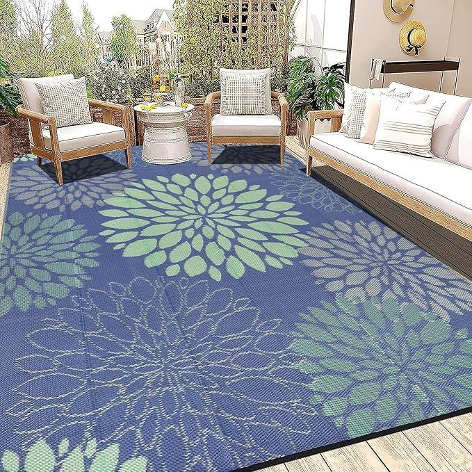 Ileading Waterproof Outdoor Rug 8x10, Reversible Plastic Straw Patio Rug, Portable Indoor Outdoor RV Camping Mat Carpet for Deck, Porch, Balcony, Backyard, Picnic, Floral Navy Blue