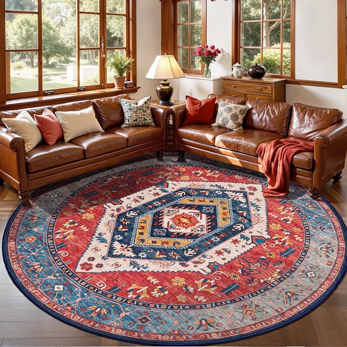 SERISSA 6ft Washable Non Slip Round Boho Area Rug for Bedroom，Rust | Ultra Soft Vintage Oriental Carpet Low-Pile Tribal Circular Indoor Mat for Entryway Kids Room Office College Dorm Living Room