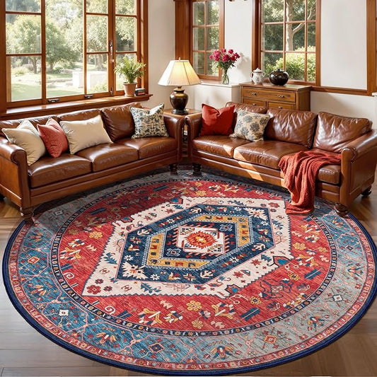 SERISSA 6ft Washable Non Slip Round Boho Area Rug for Bedroom，Rust | Ultra Soft Vintage Oriental Carpet Low-Pile Tribal Circular Indoor Mat for Entryway Kids Room Office College Dorm Living Room