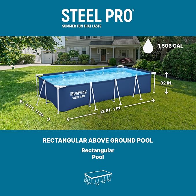 Bestway Steel Pro 13.1' x 6.8' x 32" Above Ground Swimming Pool, Pool Only | Rectangular Durable Metal Frame Pool, Outdoor Backyard Water Activity - Includes Puncture-Resistant Liner, No-Tool Setup