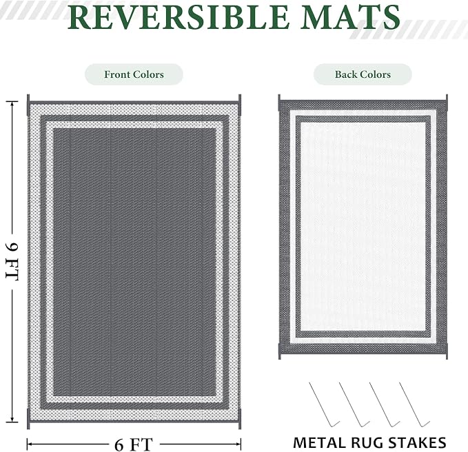 HappyTrends,Outdoor Rug,Patio Rug,Reversible Portable Plastic Straw Rug,Camping Rugs for Outside RV,Large Waterproof Area Rugs for Patio,Deck,Picnic,Porch,Balcony(6'x 9',White&Gray)