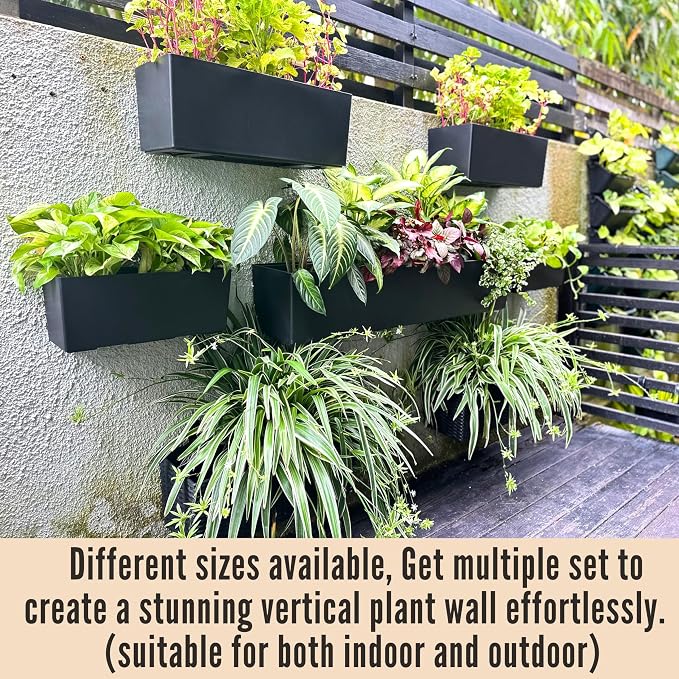 LaLaGreen Wall Hanging Planter Outdoor (4 Pack, 20 Inch) Wall Mounted Self Watering System Window Boxes with Bracket, Black Rectangular Plant Pot Flower Box Container Indoor Modern Herb Kitchen Decor