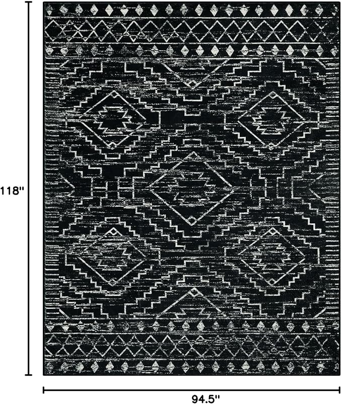 Wonnitar Moroccan 8x10 Area Rugs for Living Room, Washable Large Black Rug for Bedroom, Non-Slip Soft Thin Stain Resistant Boho Tribal Floor Carpet for Dining Guest Room Office (Black,8'x10')