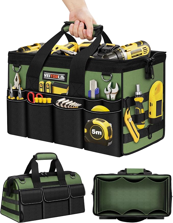 18-Inch Heavy Duty Tool Bag, 19-Pockets Tool Box Organizer, Portable Toolbag W/Soft Handle for Organized Storage, Mechanic Gifts for Men Dad Husband Fathers Day, Wide Mouth Electrician Toolbox, Green