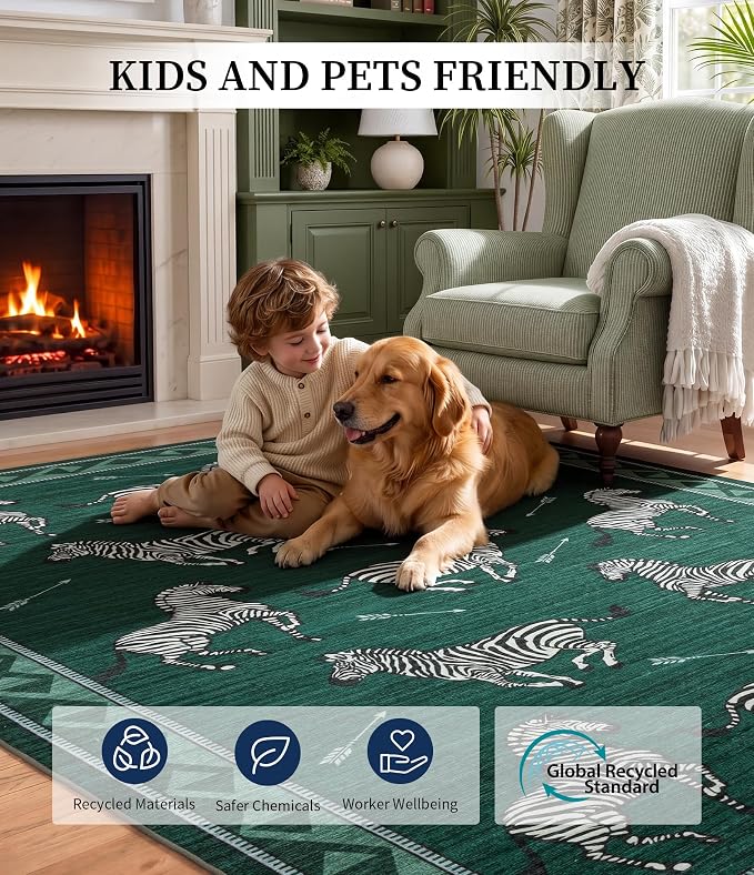 YIHOUSE Green Zebra Area Rugs 5×7, Washable Animal Print Rug with Southwestern Border, Non-Slip Low Pile Mid-Century Modern Carpet for Living Room, Bedroom, Dining Room