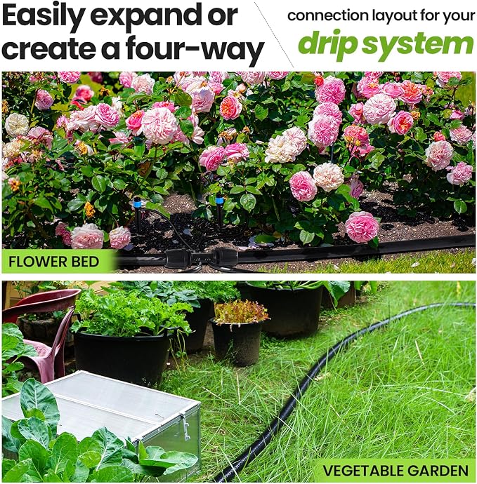 Bonviee 50FT 1/2" Drip Irrigation Tubing with 4-Pack 6-Way Connectors, Flexible Blank Distribution Hose Main Line for Garden Watering System, Raised Beds, Flower & Vegetable Gardens