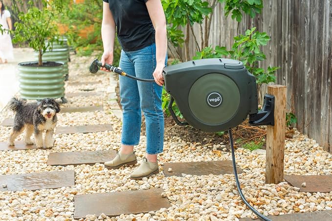 Vego Garden Hose Reel Retractable Hi-Flow Wall Mounted Hose Reel Automatic Rewind, Any Length Lock with 9 Patterns Sprayer Nozzle, Quick Connector and Adjustable shot Nozzle (Seaweed Green, 50ft)