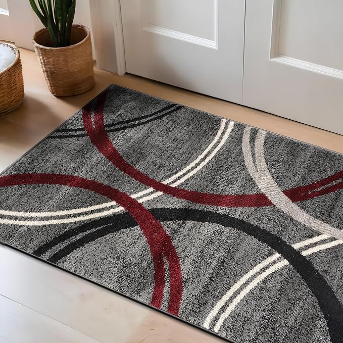 Rugshop Wavy Circles Modern Non-Shedding Accent Area Rug Red 2'7" x 4' | Rectangular, Size 2'7" x 4', Living Room, Bedroom, Dining Room, Home Office, Kitchen, Entryway, Hallway, Nursery, Kids Room