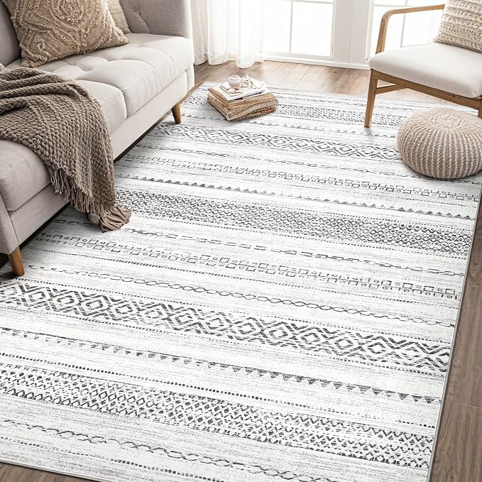 kakania Washable 8x10 Area Rug for Living Room: Boho Geometry Home Decor | Soft Stain Resistant, Low-Pile, Non-Slip, Pet & Kid Friendly, Thin Rug for Bedroom/Dining Room/Kids Dorm - Square Grey