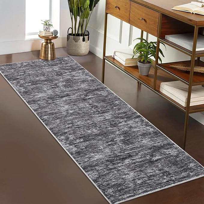 GarveeHome Bathroom Runner Rug 2x6 Machine Washable Area Rugs for Kitchen Floor Modern Solid Color Throw Rug with Non Slip Backing, Non Shedding Low Pile Floor Cover for Laundry Room, Dark Grey
