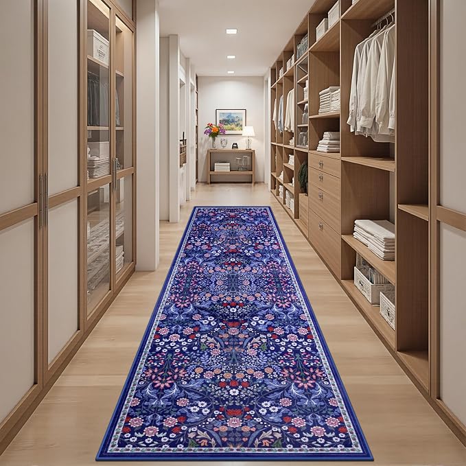 PLHXFR 3x10 Washable Runner Rug：Floral Indoor Kitchen Soft Carpet Blue | For Hallway Bedroom Kitchen Laundry Bathroom Dorm,Vintage Floral,Machine washable,Non Slip,Stain Resistant,Indoor Floor