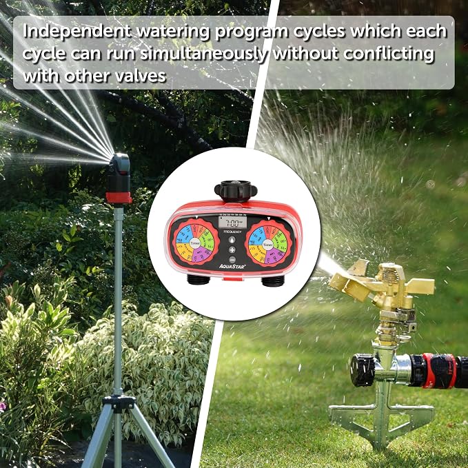 AQUASTAR Two-Zone Hose Watering Timer (Red) Garden Hose Sprinkler Timer, Automatic Irrigation for Lawn, Garden, Yard, Two Outlets