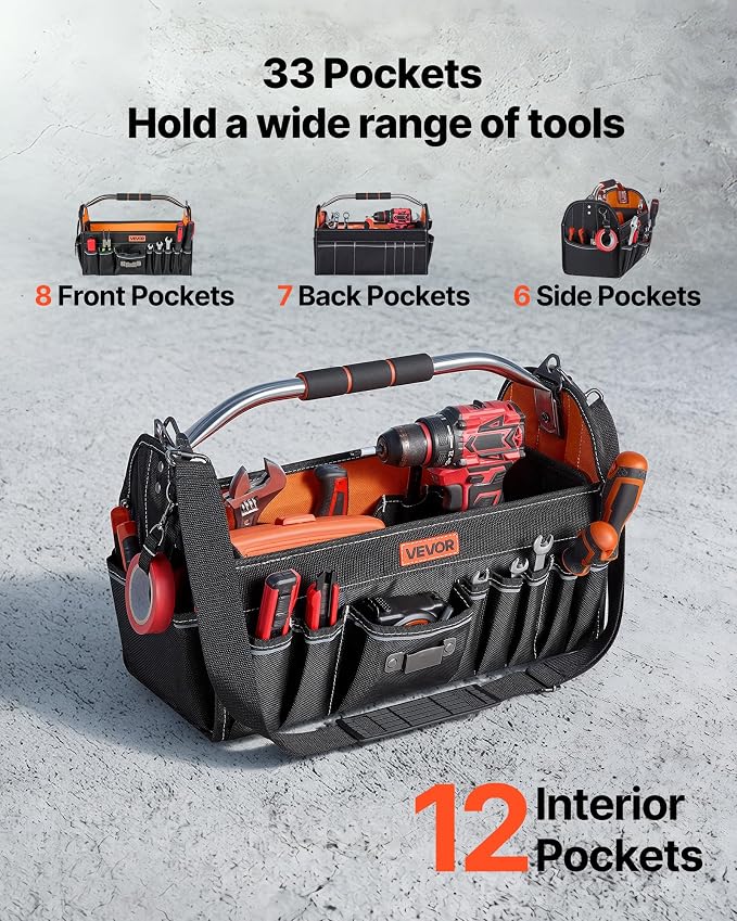 VEVOR Tool Bag, 16.1 Inch, 33-Pocket Open Top Tool Tote, Electrical Maintenance Toolbox Organizer Storage with Handle, Adjustable Shoulder Strap, Portable Toolbag, for Professionals DIY & Jobsite Use