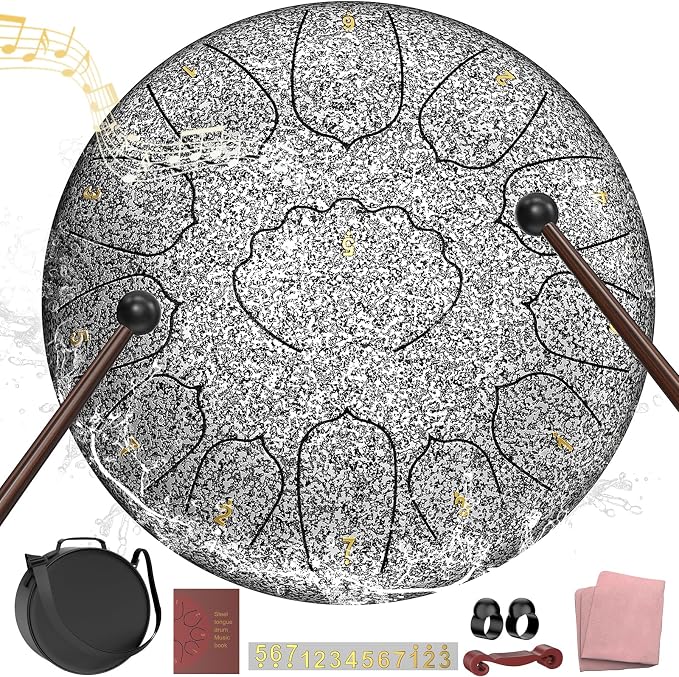 D Major Steel Tongue Drum Handpan, 12 Inch 13 Note Rain Drum for Outside Garden, Meditation Rain Chime, Musical Percussion Instrument for Adult Gift with Bag, Music Book, Drum Mallets (Star Sliver)