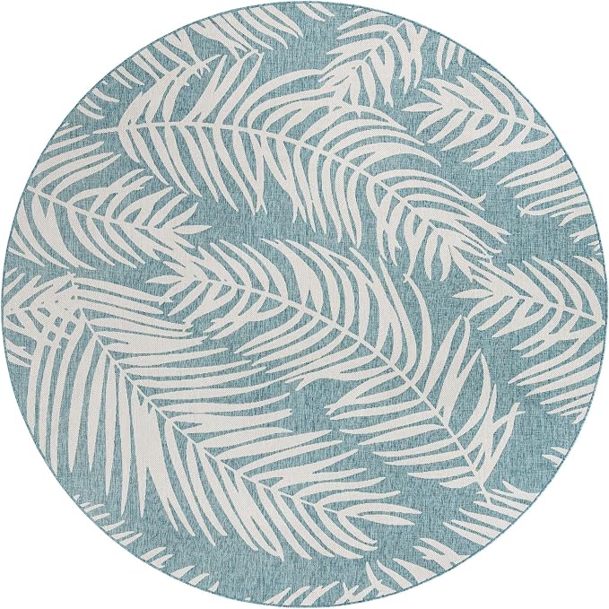 Unique Loom Outdoor Botanical Collection Area Rug - Palm (10' 8" Round, Light Aqua/ Ivory)