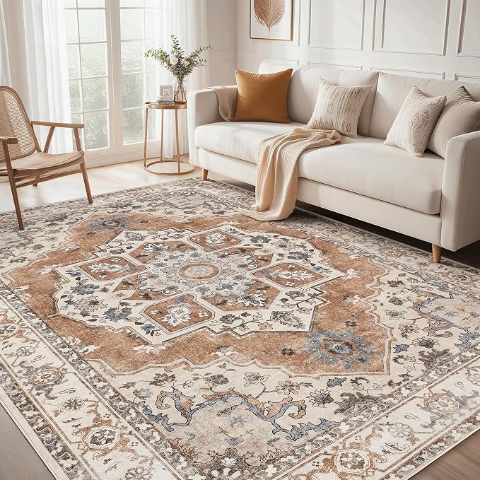 Washable Area Rug-10X12 Vintage Neutral Soft Brick Red | Non Slip Thin Foldable Large Floor Carpet for Living Room Bedroom Kitchen Dining Room Home Office Farmhouse Indoor