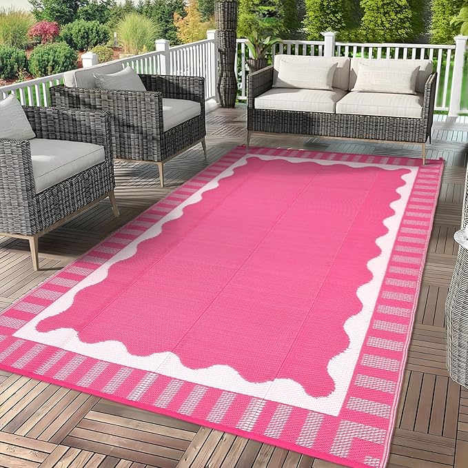 Garvee Scalloped RV Rugs for Outside 9x18 Patio Rugs Outdoor Waterproof, Modern Border UV Resistant Reversible Rug, Foldable Plastic Straw Carpet for Picnic, Backyard, Porch, Beach, Camper, Hot Pink