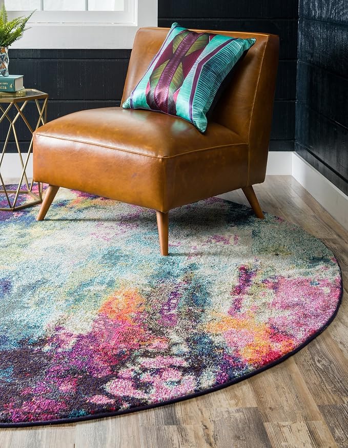 Unique Loom Chromatic Collection Modern Colorful & Vibrant Abstract Area Rug For Any Home Décor (8' 0 x 8' 0 Round, Multi/ Light Blue)