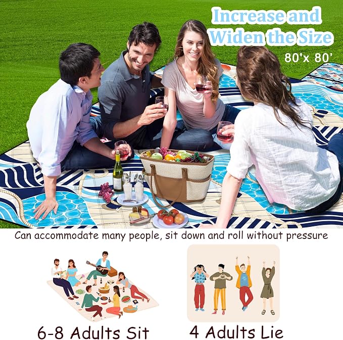 Extra Large Picnic Blanket Waterproof,80"x 80"Foldable Machine Washable Outdoor Blanket,Blue Beach Blanket for 6-8 Adults,Picnic Mat Suitable for Indoor Crawling,Park Beach,Camping,Hiking,Travel