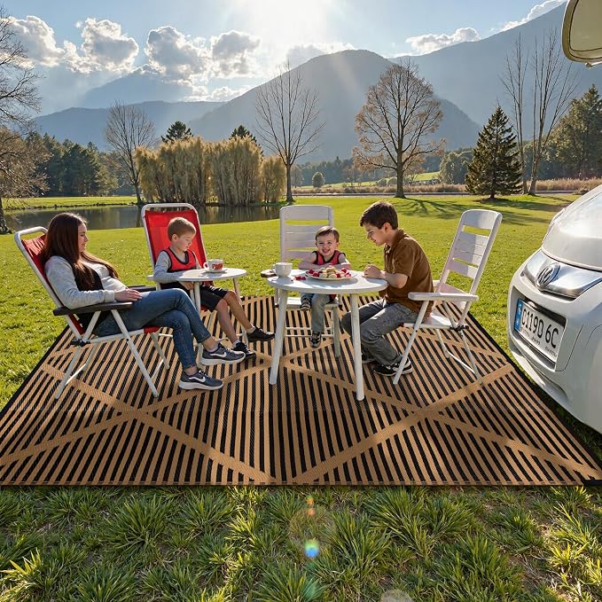 Lahome Outdoor Rug 8x10 Patio Waterproof, Plastic Straw Reversible Rv Outdoor Rugs for Camping, Large Indoor Outdoor Carpet for Porch Deck Backyard Camper Picnic, Brown 8'x10'
