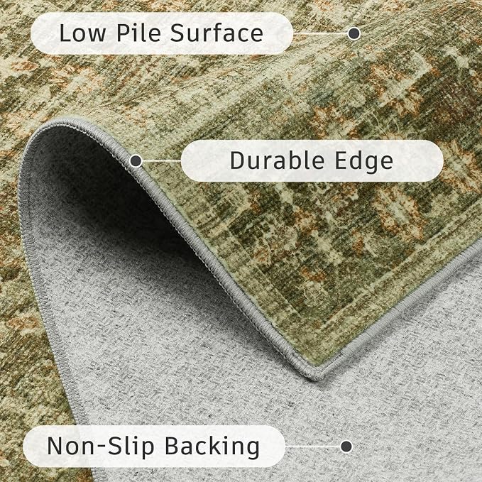 DCX 4x6 Neutral Rug, Kid & Pet Friendly with Rubber Back Non Slip, Machine Washable Stain Resistant Olive Green Floral Rug for Living Room, Bedroom, Soft Low Pile Large Nursery Carpet