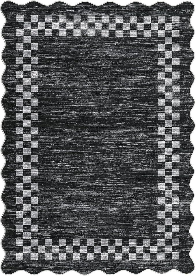 GarveeHome Small Area Rug 2x3 Washable Solid Color Scalloped Kitchen Rugs | Modern Checkered Entry Rug Bedroom Doormat Non Slip Stain Resistant Bordered Throw Carpet for Living Room Nursery, Grey