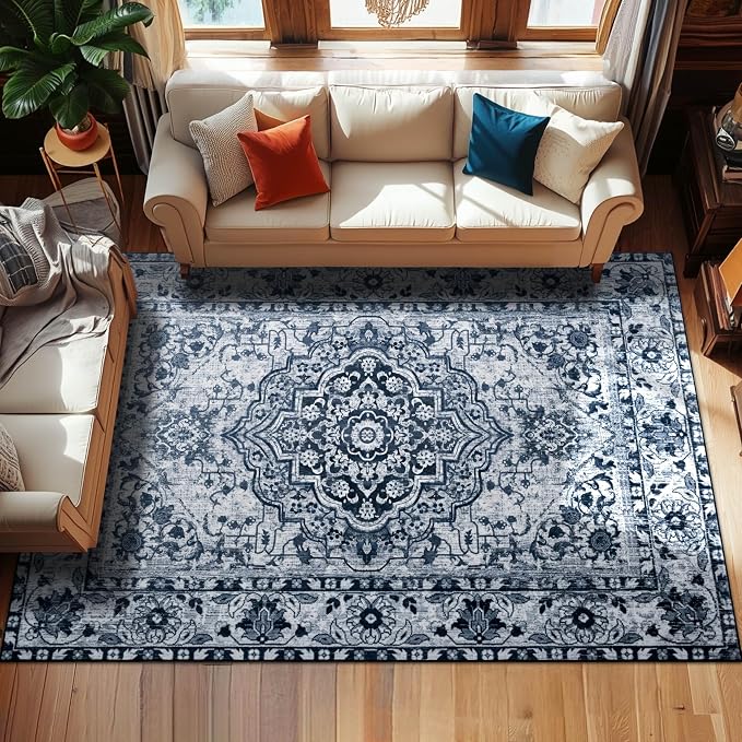 YJ.GWL Area Rugs for Living Room 6x9 Machine Washable Rugs, Non Slip Floral Vintage Rug Indoor Carpet, Stain Resistant Large Rug for Bedroom Dining Room, Navy Blue