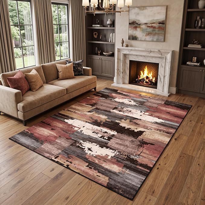 5x7 Rust and Beige Distressed Patchwork Area Rug for Living Room | Soft Low-Pile Machine-Washable Rug with Non-Slip Backing for Bedrooms, Dining Rooms and Home Offices, Designed for Easy Care