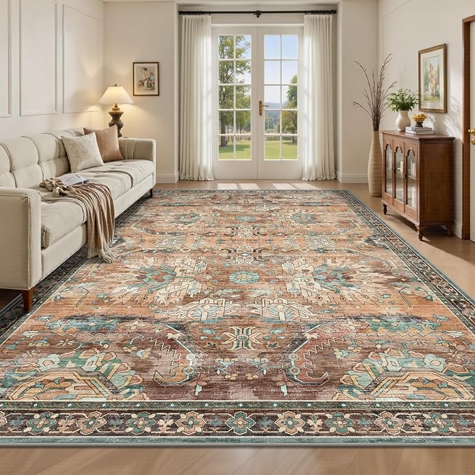 5x7 Area Rugs, Vintage Retro Soft Washable Rug, Non-Slip Low Pile Rugs for Living Room, Bedroom, Dining Room, Stain Resistant Home Decor Rug (Vintage Orange/Brick)