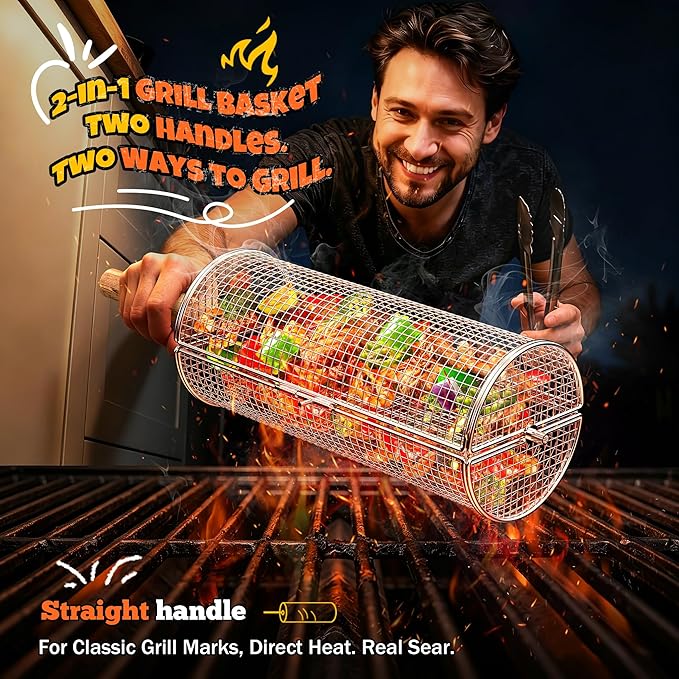 2-in-1 Rolling Grill Basket with Dual Handles, 304 Stainless Steel Rotatable BBQ Basket with Crank Handle & Straight Grip Handle, Grill Net for Vegetables, Shrimp & More, Gift Idea for Men, Dad, Husband