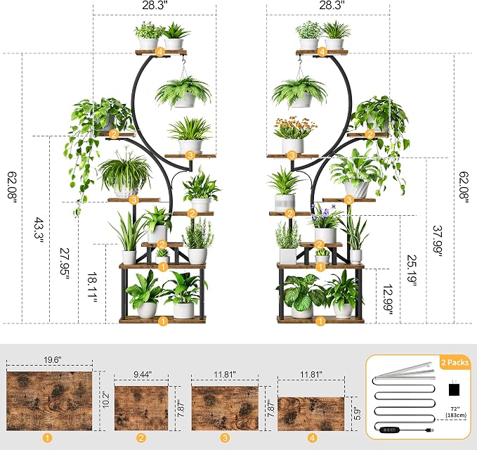 BACEKOLL Plant Stand Indoor with Grow Light - 2 Pack Tall Indoor Plant Shelf, 62" Corner Plant Holder, 8 Tiered Large S-Shape Flower Multiple Display Shelf for Home, Office