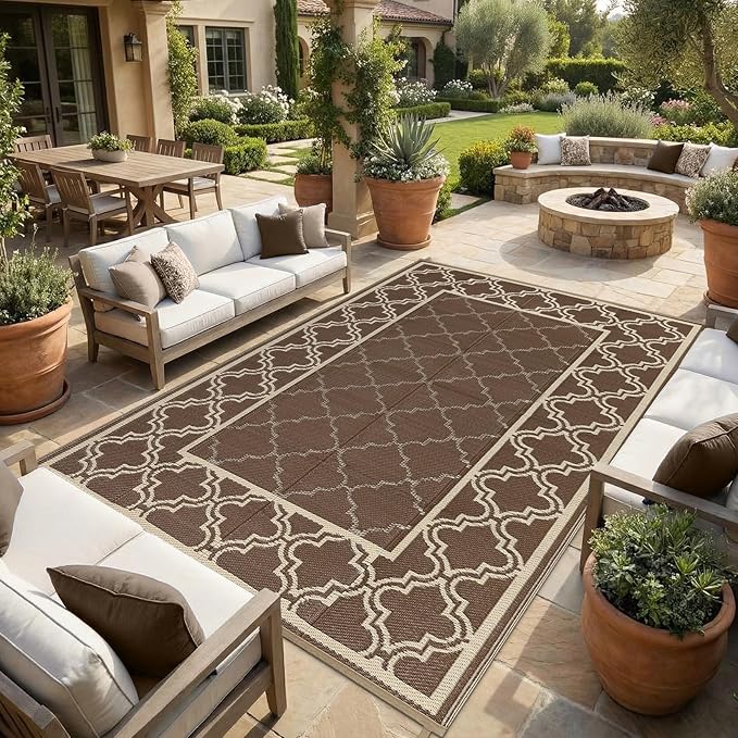 Garvee Reversible Outdoor Rug 6x9, Waterproof Outdoor Plastic Straw Rug with Interlacing Pattern, RV Mat for Picnics, Patio, Camping, Balcony, Deck, Backyard, Porch, Brown