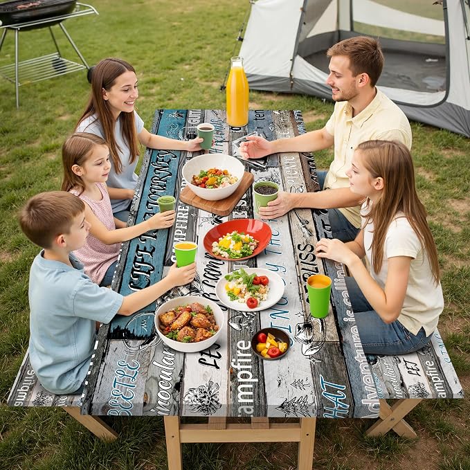 Picnic Table Cover with Bench Covers Elastic,Fitted Table Cloths for Rectangle Tables 6 Foot Washable,Waterproof Tablecloth for Outdoor Camping Essentials (Vintage Blue, 8 Foot)