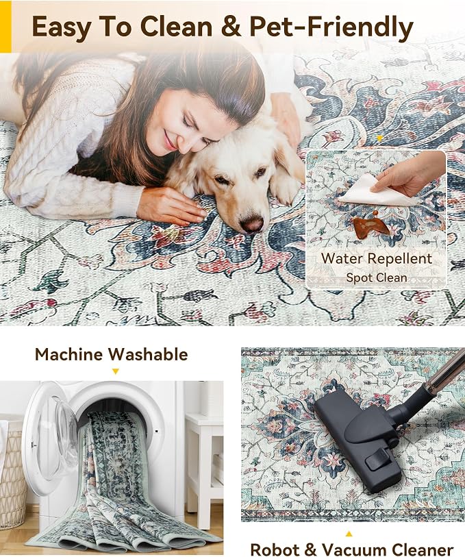 RELEANY Washable Area Rug, Small 2'6"x4', Teal Green/White/Navy | Non-Slip, Water Repellent, Pet Friendly, Easy to Clean, Vintage Floral Boho Decor for Kitchen Entryway Bathroom