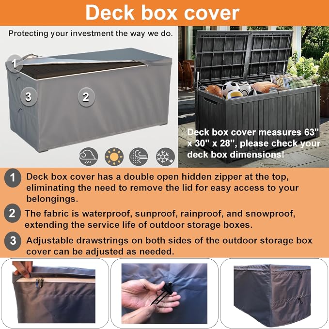 Deck Box Cover - Outdoor Storage Box Cover 150 Gallon, Heavy Duty 600D Oxford Cloth Water And Dust Resistant, Size 63 x 30 x 28 Inches Fits Most Patio Box.