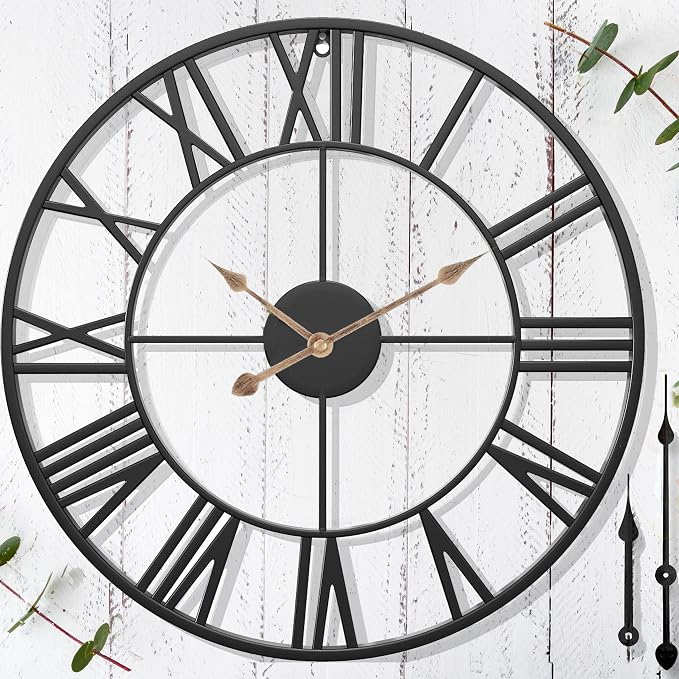 Outdoor Clocks for Patio – 30 in Extra Large Farmhouse Black Metal Outdoor Wall Clock Silent Battery Operated – Vintage Industrial Skeleton Outside Clock for Pool Area, Garden, Backyard, Porch
