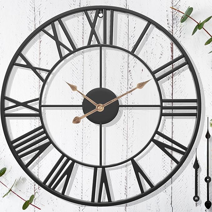Outdoor Clocks for Patio – 18 in Large Farmhouse Black Metal Outdoor Wall Clock Silent Battery Operated – Vintage Industrial Retro Skeleton Outside Clock for Pool Area, Garden, Backyard, Porch