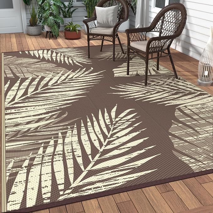 GENIMO Outdoor Rug 6' x 9' Waterproof for Patio Clearance, Reversible Plastic Straw Camping Mat, Lightweight Carpet for Rv, Camper, Deck, Porch, Picnic, Balcony, Beach, M.Mottled＆CoffeeBeige