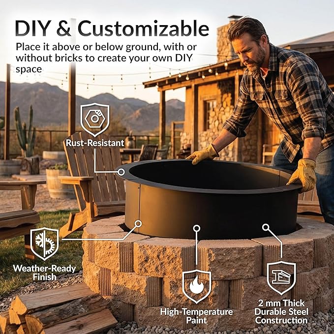 Sunnydaze Outdoor Fire Pit Ring - Heavy-Duty Round Steel Fire Ring Insert - DIY Above or In-Ground - 36-Inch Outer/30-Inch Inner Diameter