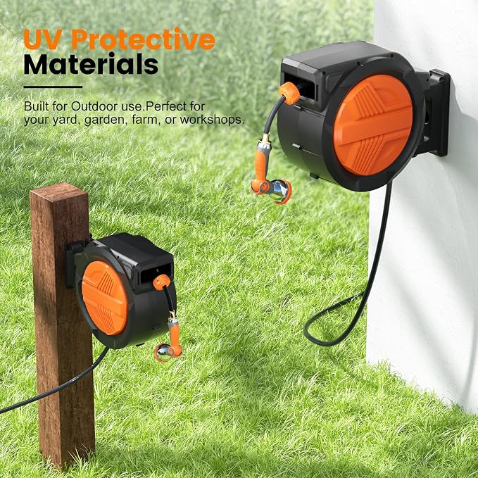 Retractable Garden Hose Reel 1/2” x 150ft, Auto Rewind Hose Reels for Outside, Heavy-Duty Wall-Mounted Outdoor Hose, 10-Mode Nozzle, Adjustable Length, 180° Rotation for Watering, Car Washing
