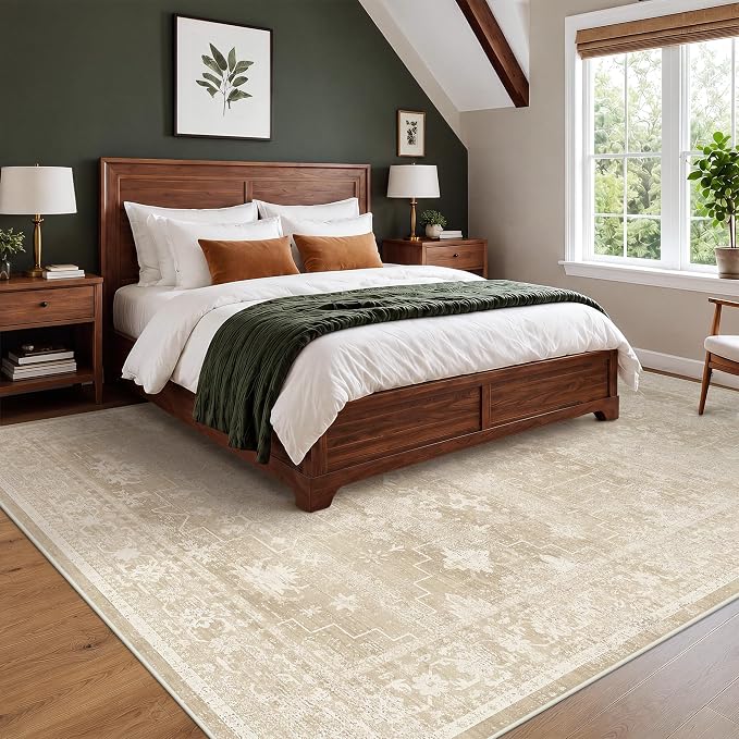 Neutral 8x10 Beige Area Rugs for Bedroom, Living Room, Cottagecore Boho Abstract Distressed Washable Ivory and Champagne Rug for Dining Room, Stain Resistant Low Pile Anti-Slip Ultra Soft