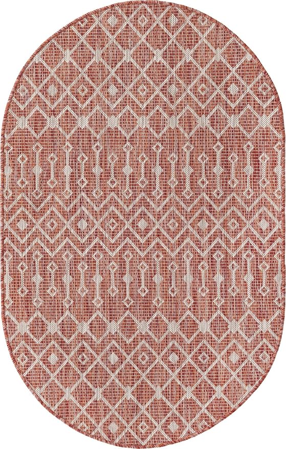Unique Loom Outdoor Trellis Collection Area Rug - Tribal Trellis (3' 3" x 5' 3" Oval, Rust Red/ Ivory)