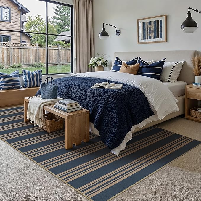 PureCozy Striped Easy Jute Rug 5x7 Blue Living Room Carpet Washable Non Slip Bedroom Office Rug Farmhouse Neutral Non Shedding Indoor Outdoor Large Carpet for Kitchen Dining Room