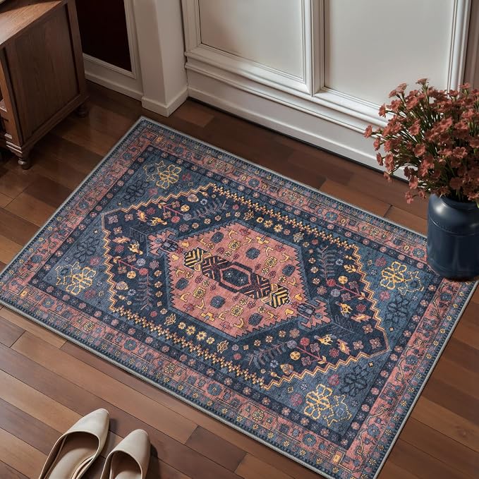 Ciicool 2x3ft Small Area Rug,Washable Boho Thin Mat for Entryway Kitchen | Oriental Non-Slip Low-Pile Indoor Carpet Soft Navy Rugs for Entrance Bedroom Kitchen Bathroom Foyer Decor