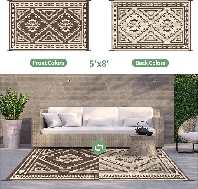 GENIMO Outdoor Rug for Patio Clearance - 5x8 ft Waterproof Plastic Camping Rugs, Reversible Outside Rv Mat Carpet for Porch, Deck, Picnic, Balcony, Beach, Backyard, Coffee Beige