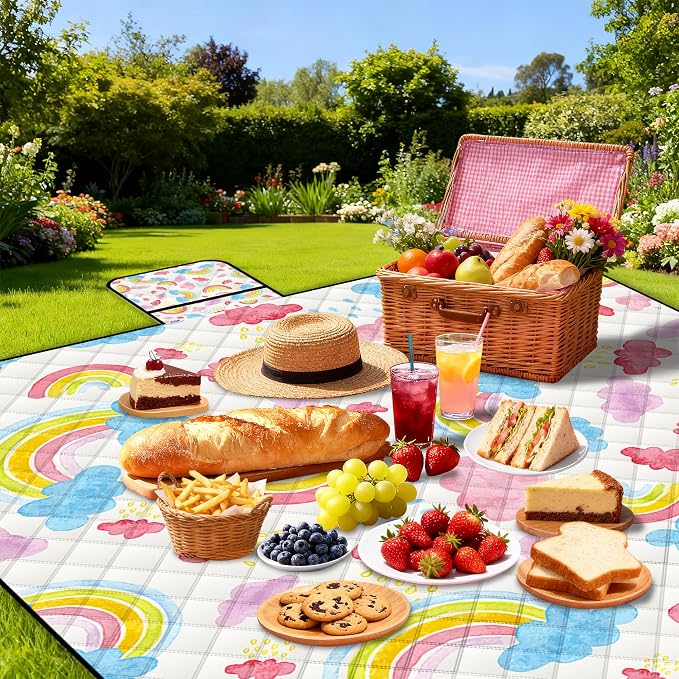Extra Large Picnic Blanket Waterproof,80"x 80"Foldable Machine Washable Beach Blanket,Outdoor Blanket for 6-8 Adults,Picnic Mat Suitable for Indoor Crawling,Park Beach,Camping,Hiking,Travel (Rainbow)