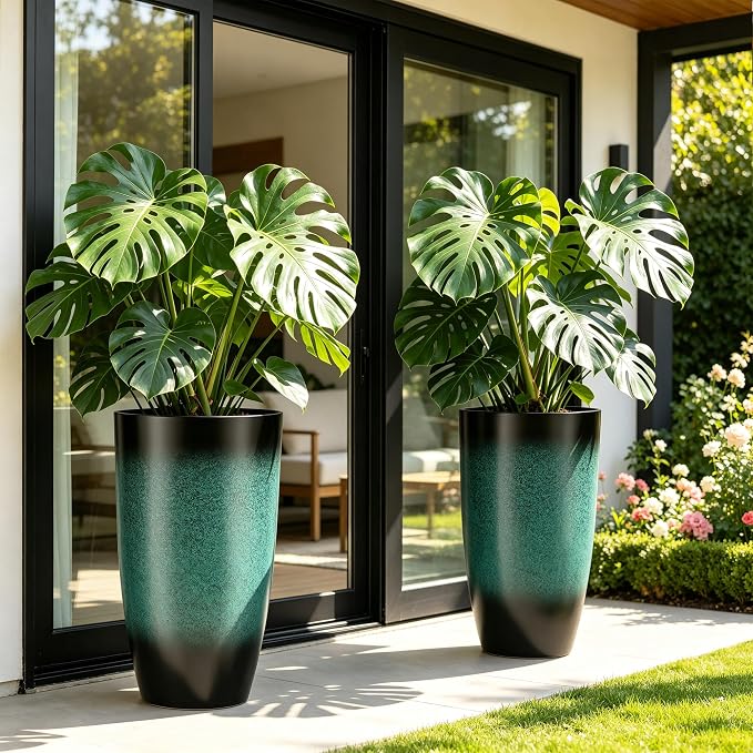 Autodaya 23.8" Tall Outdoor Planters Set of 2, Ceramic-Look Large Plastic Flower Pots with Drainage Holes, Gradient Turquoise Indoor Outdoor Plant Pots for Porch Patio Balcony Garden Home Decor