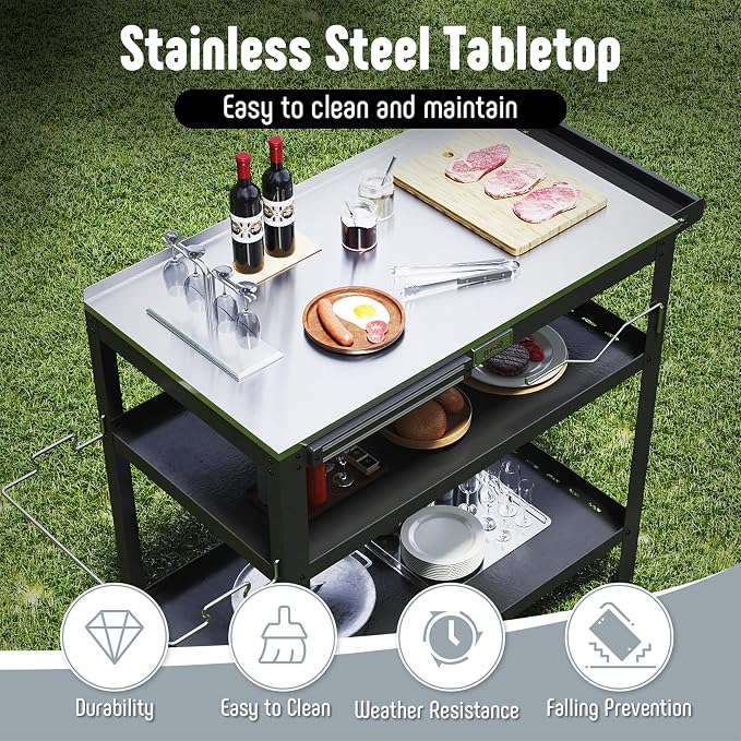 Feasto Outdoor Grill Table, Prep Table with Wheels, 31.5"x18" | Seasoning Rack & Magnetic Tools Holder, Backyard BBQ Kitchen Food Prep Table for Portable Griddle & Pizza Oven