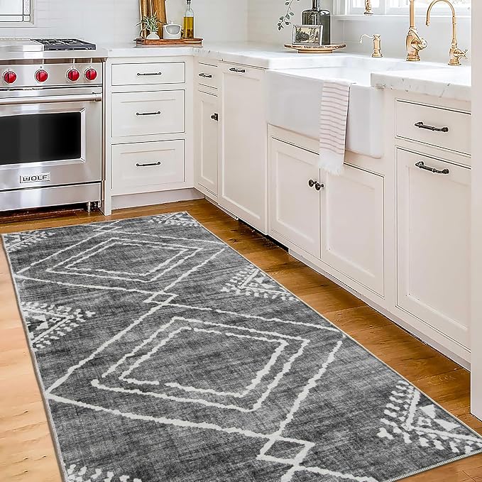 Machine Washable Area Rug Runner - Living Room Bedroom Bathroom Kitchen Entryway Office - Padded Low Pile Stain Resistant Premium - Moroccan Diamond Tribal - Jax - Gray 2'6" x 10'