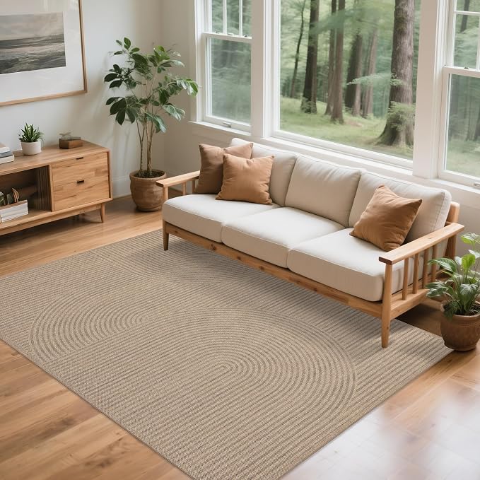 Easy Jute Rug 8x10 Outdoor: Natural Area Rugs for Patio Linen-Look Durable - Neutral Large Washable Carpet for Living Room Bedroom Dining Room Non-Slip - Swirl Curved Pattern